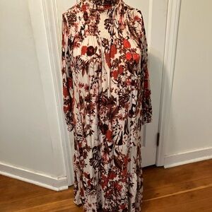 H&M Red and Cream Floral Long Sleeve Dress Size 2